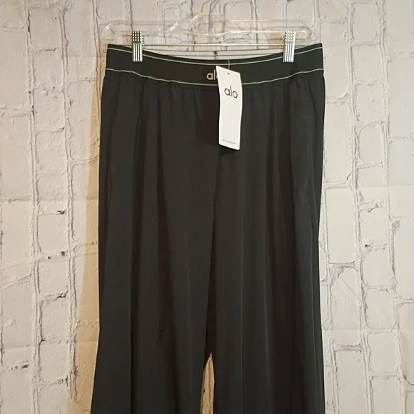 NWT ALO Wide-Leg Black Trouser Pants MEDIUM Elastic Waist Pleated Front Pockets - Picture 3 of 6